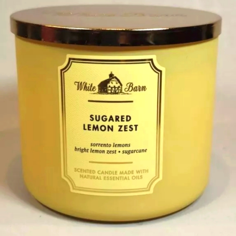 NEW Bath and Body Works White Barn Sugared Lemon Zest 3 Wick Candle & Lid 14.5oz